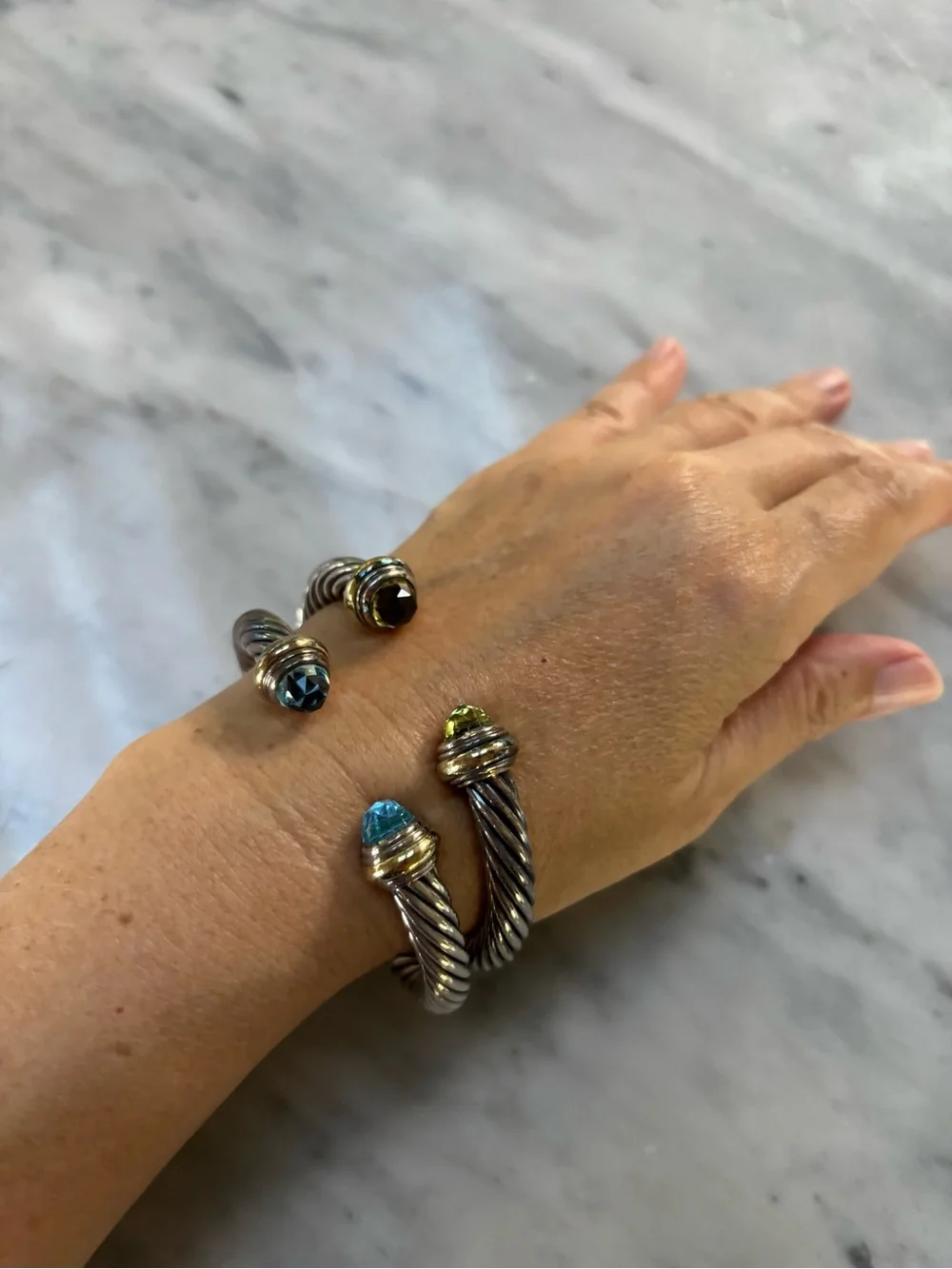 David Yurman Silver Twisted Cable Classics Open Cuff with Green Gemstone Ends